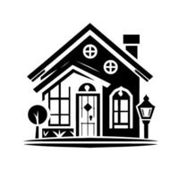 A minimalist black and white illustration of a charming house with a gabled roof, a front door with a diamond detail, windows, a chimney, a tree, and a streetlamp. vector