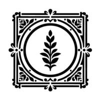 Intricate Black and White Emblem A symmetrical of a stylized leaf sprig inside a circular frame, enclosed in a square border with floral flourishes. vector