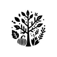 Black and white minimalist illustration of a stylized tree surrounded by leaves, a pumpkin, and other foliage, contained within a circular shape. vector