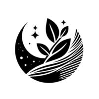 A stylized black and white emblem featuring leaves, stars, and moon elements within a circular , symbolizing growth and celestial balance. vector