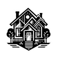 A stylized, monochrome illustration of a charming house with multiple gabled roofs, a small garden, and flanking trees, created in a clean, style. vector