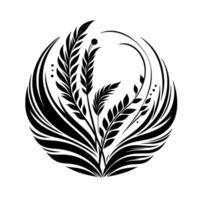 Black and white stylized floral illustration within a circular frame, featuring leaflike elements and graceful curved lines, creating a minimalist . vector