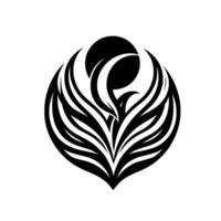 Elegant black and white abstract emblem featuring stylized phoenix rising from a florallike base, a celestial orb in the background. vector