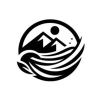 Serene Black and White Emblem Mountains, Sun, and Waves within a Circular Frame, Capturing Natures Beauty vector