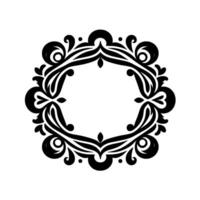 Ornate Black and White Floral Frame A symmetrical, elegant featuring swirling leaves and delicate embellishments, enclosed in a geometric shape. vector