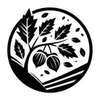 A minimalist, stylized illustration within a circle depicting a tree with fruit, leaves, and a stylized landscape. vector