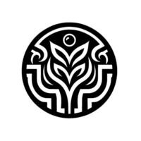 An elegant, symmetrical black and white featuring stylized leaves and a central orb within a circular frame, evoking nature and balance. vector