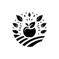 Minimalist Black and White Orchard Featuring an Apple, Leaves, and Field Lines, Representing Organic Produce. vector