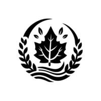 A minimalist black and white emblem featuring a central maple leaf surrounded by leaves and branches, with water. vector