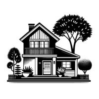 Classic Black and White Illustration of a TwoStory House with Landscaping, Featuring Trees, Shrubs, and a Balcony, Set Against a Neutral Background. vector