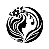 Silhouette of a Womans Profile within a Circle, Adorned with Flowing Hair, Floral Elements and Leafy Accents. vector