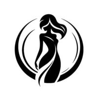 Silhouette of a graceful woman within a crescentframed circle, showcasing elegance and minimalism with flowing lines against a white backdrop. vector