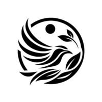 A stylized black and white featuring a birdlike creature enclosed in a circle with leaves, a sun or moon element symbolizing balance. vector