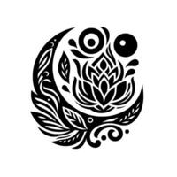 Intricate Black and White Mandala featuring a Lotus Flower, Crescent Moon, and Organic Swirls on a White Background vector