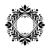 Elegant Black Floral Crest Featuring a Central Diamond Frame and Intricate Leafy Elements, Perfect for Decorative Applications on a White Background. vector