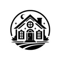 A stylized, minimalist black and white emblem of a charming house framed within a circle, evoking a sense of home, warmth, and tranquility, accented by a crescent moon, stars, and natural elements. vector