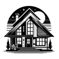 Stylized monochrome illustration of a charming house at night, featuring stars, moon, and trees, with geometric details. vector