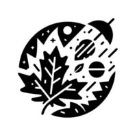 Stylized Black White Composition Featuring Autumnal Leaves, Acorn, and Falling Elements within an Oval Frame. vector