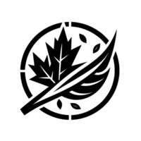 Black and white stylized featuring a maple leaf and feather within a segmented circle with floating leaves. vector