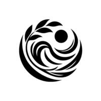 A stylized Yin and Yang symbol featuring a branch with leaves, waves, and a solid circle, all in black against a white backdrop, embodying harmony and balance. vector