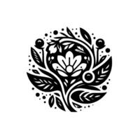 Elegant Floral Mandala in Monochrome A symmetrical composition of stylized leaves, berries, and a central flower, all within a circular frame, exuding a sense of balance. vector