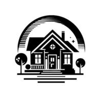 Monochromatic house illustration, featuring a stylized home with a porch, chimney, decorative arch, and two trees in a clean, , and appealing composition. vector