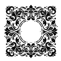 Intricate Black and White Floral Ornament with a Central Circular Frame, Ideal for Designs, Embellishments, and Decorative Applications. vector