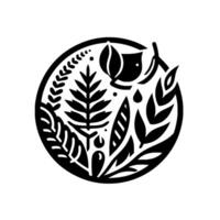 Monochromatic Botanical Emblem Intricate Black White Circle Composition Featuring Leaves, Seed, and Floral Elements. vector
