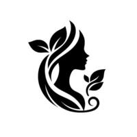 Silhouette of a womans profile, interwoven with flowing leaves and foliage, creating an elegant, natural, and organic , in stark black and white. vector