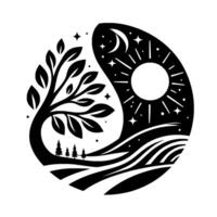 YinYang Harmony A minimalist black and white circular illustration depicting the balance of nature with a tree, forest, sun, moon, stars, and rolling hills. vector