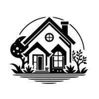 A stylized black and white illustration of a house surrounded by trees, plants, and a layered base, depicting a sense of peace and simplicity. vector