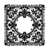 Elegant symmetrical black and white floral with a central circular space within a square frame, reminiscent of classic decorative elements. vector