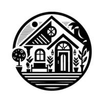 Geometric Black and White Illustration of a Cozy House Scene Encased in a Circular Frame, Embellished with Foliage and Celestial Elements. vector