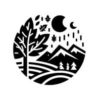 Monochrome nature scene within a circle, featuring a tree, mountains, crescent moon, and falling elements, suggestive of autumnal weather. vector
