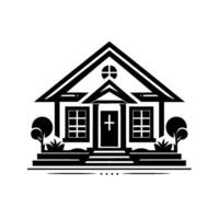 A stylized, monochromatic illustration of a house featuring a cross on the front door, flanked by windows, trees, and a minimalist landscape, set against a stark white background. vector