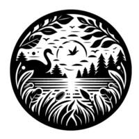 A serene circular monochrome silhouette depicting a swan on a lake, framed by foliage, trees, and birds in flight, suggesting natures tranquility. vector