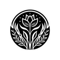 Elegant Monochromatic Botanical A floral motif with leaves, stems, and a stylized flower encased in a black circular frame, radiating serenity. vector