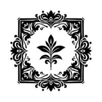 Ornate Black and White Decorative Emblem A symmetrical features a central botanical element encircled by a stylized square frame with floral and scroll motifs, creating a classic and elegant a vector