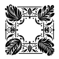 Intricate symmetrical black and white ornamental floral with a central square, featuring stylized leaves, dots, and curves creating a classic border pattern. vector