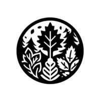 A stylized, minimalist black and white illustration of a circular emblem with an inner landscape of stylized trees, foliage, and elements of nature. vector