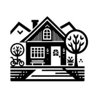 Monochromatic Illustration of a Charming Cottage with Bicycle, Trees, and Mountain Silhouette, Representing Serene Home Environment. vector