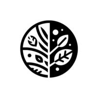 YinYangInspired Botanical A split black and white circle with a symmetrical arrangement of stylized leaves and dots, representing balance. vector