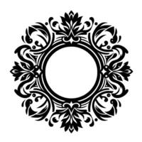 Intricate Black and White Circular Floral Detailed symmetrical illustration, decorative elements and a central open circle, exuding elegance. vector