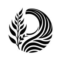 A stylized, abstract black and white illustration featuring a curved wavelike combined with a detailed botanical element, creating a harmonious visual composition. vector
