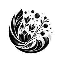 Elegant monochromatic floral illustration featuring a central lotus flower, stylized leaves, and geometric spheres arranged in a semicircular composition against a clean white backdrop. vector