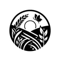 A Circular, Black and White Silhouette A sun rising over a stylized landscape with wheat, plants, a butterfly and fields, all within a circle. vector