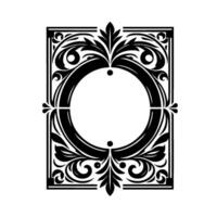 Elegant Black and White Ornamental Frame with a Central Circle, Featuring Floral Motifs, Set Against a Clean White Background, in a Classic Decorative Style. vector