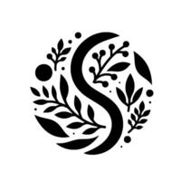 Elegant Black White Circular Featuring Organic Shapes, Leaves, Berries, and an SShaped Element, Evoking Nature. vector