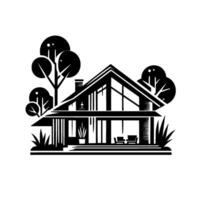 Minimalist Black and White Illustration of a Modern Home with Geometric Trees and Furniture on a Porch, Evoking a Sense of Calm. vector