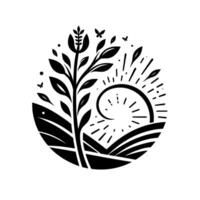 Stylized black and white illustration within an oval, depicting a tree with leaves and a unique flowerlike top, butterflies, and rays of sunlight over rolling hills, evoking natures cycle. vector